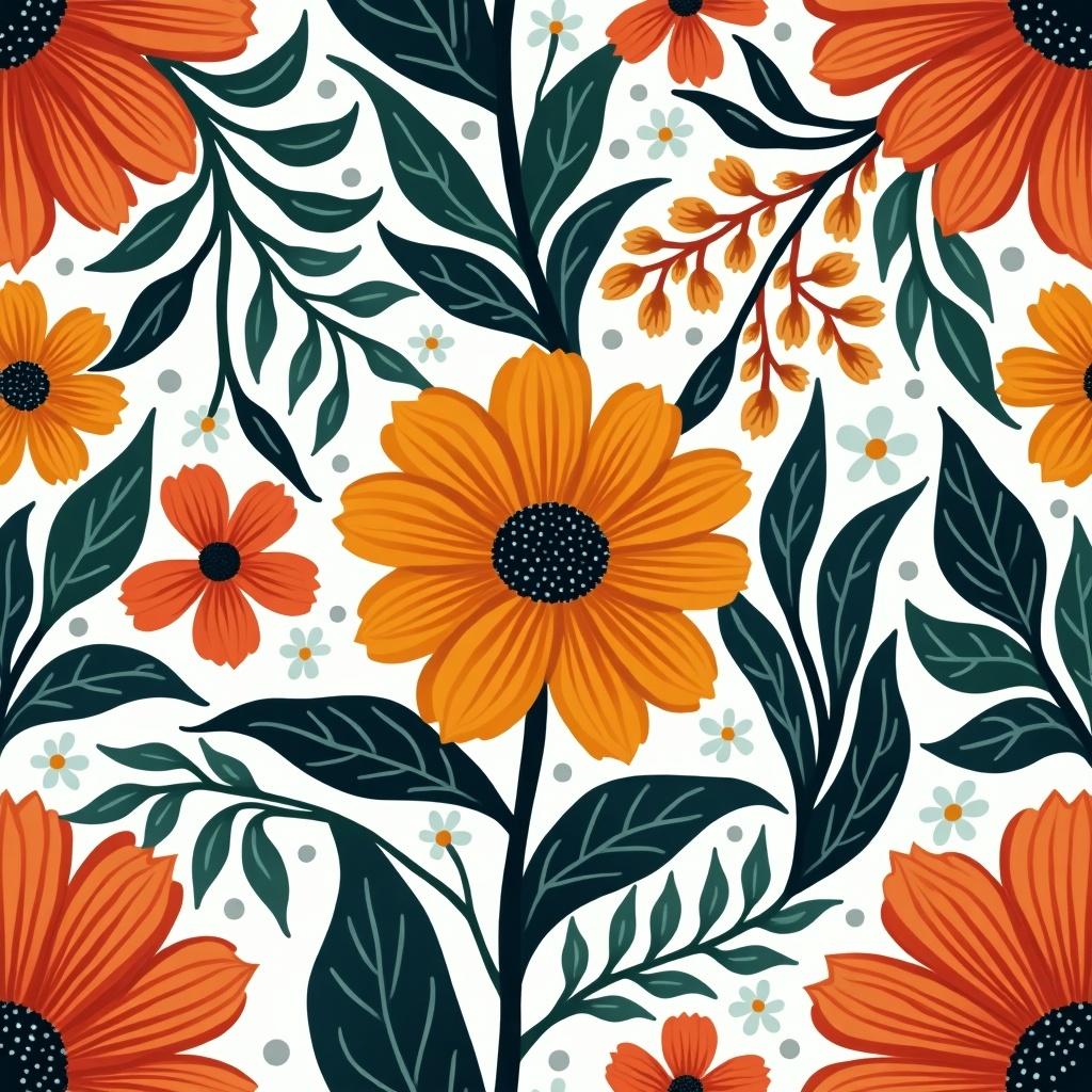 The image showcases a vibrant tropical floral pattern, filled with large orange flowers and lush green leaves. The design features a variety of flowers, including smaller red and white blooms, creating a lively and tropical feel. This pattern is perfect for textiles, making it suitable for fabric designs, throw pillows, or curtains. The rich colors and intricate details add an element of sophistication, ideal for home décor. The overall arrangement is balanced, with a flat pattern that would work well in various decorative contexts.