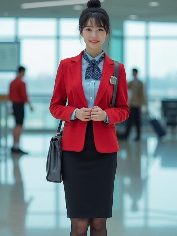Full body image of a female airport ground staff member in kawaii style. She wears a baby-blue long-sleeve chiffon blouse and a cherry-red round-collar blazer, along with a black pencil skirt and pantyhose. Black low-heel pumps, black hair in a bun, and light makeup complete her look. A silver name tag and ID badge on a black lanyard are visible. She has a dark-grey satchel and stands straight with clasped hands in an airport terminal.