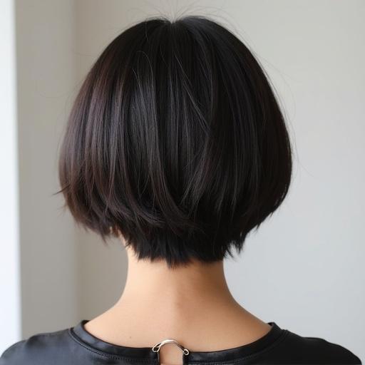 Showcase straight short hair from the back with a glossy finish.