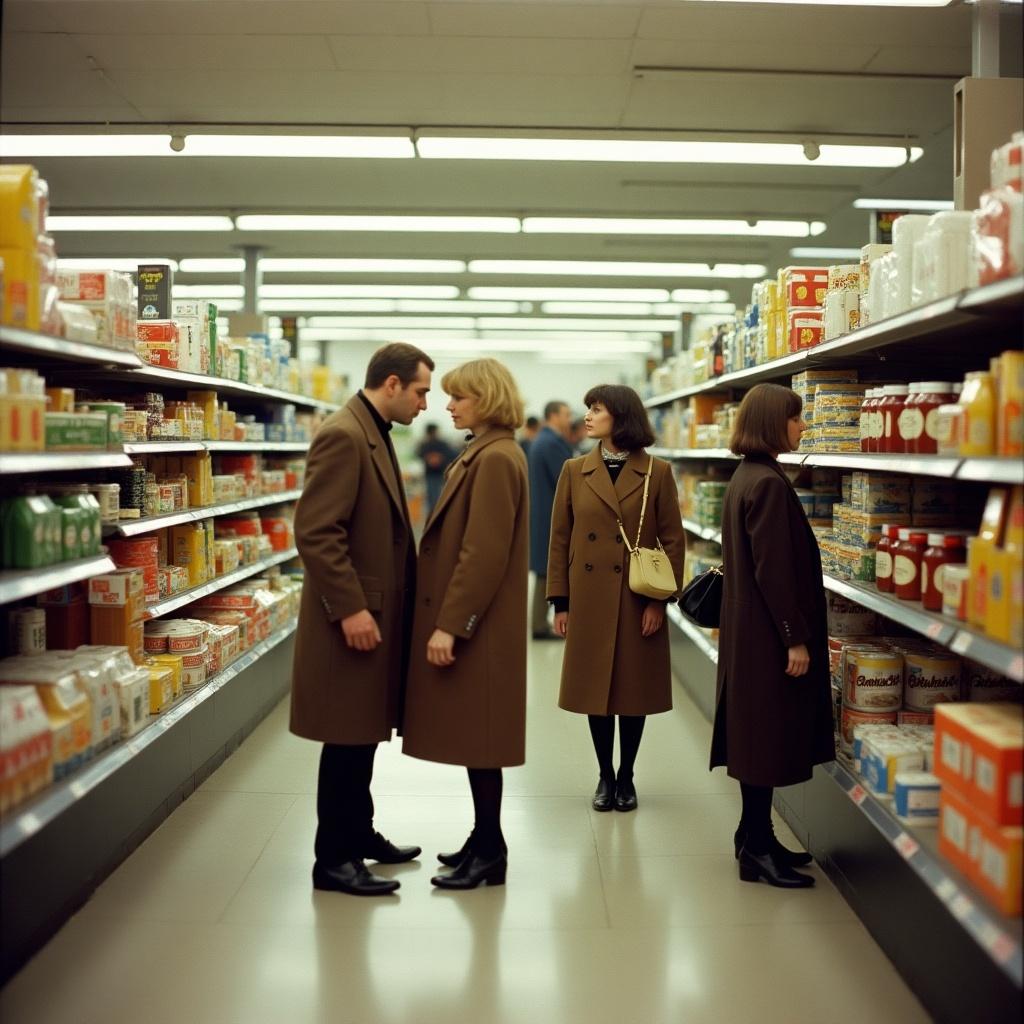 An image of a capitalist Polish supermarket from 1987 showing a couple in the foreground with four individuals dressed in similar brown coats shopping in an aisle filled with products.