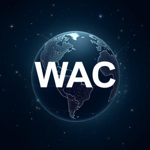 The image depicts a futuristic globe representing Earth in a dark sky filled with stars. It features glowing connections across the globe indicating decentralized networks. The bold letters 'WAC' are presented prominently in white, slightly off-center for emphasis.