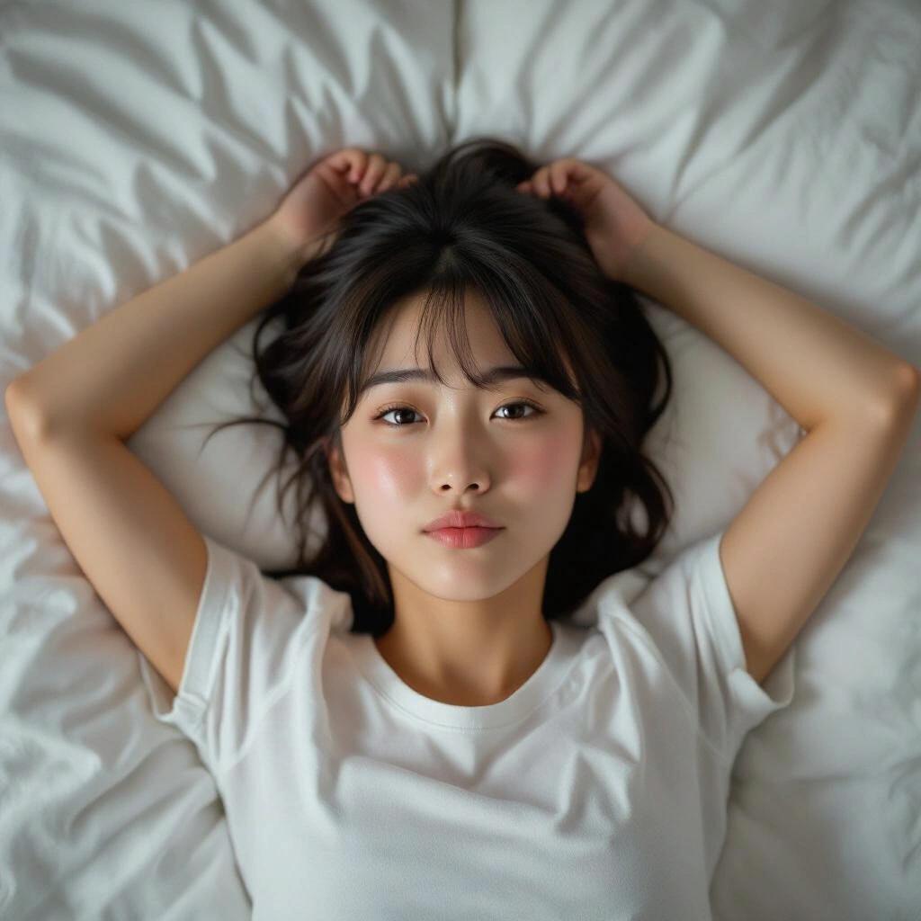 A girl laying face-up on a bed. She has her arms above her head. She appears timid with a slight frown and is blushing. The view is from above.