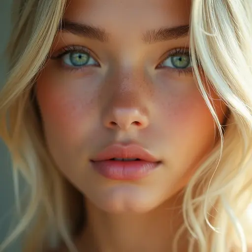 Ultra-realistic digital painting. Serene young blonde with flawless skin and intense green eyes. Expressive face.