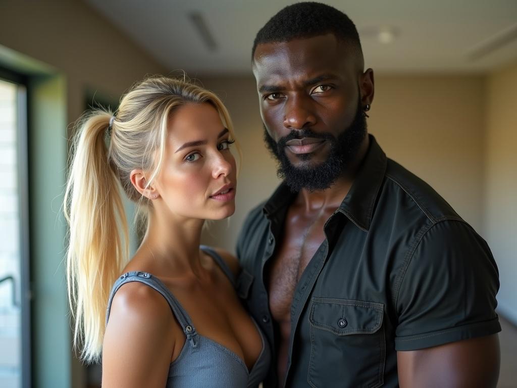 Couple portrait featuring a young blonde woman and a black man in a modern setting. The woman has blonde hair styled in a ponytail, and the man has a well-groomed beard. They share an intimate moment, standing close together with a soft backdrop.