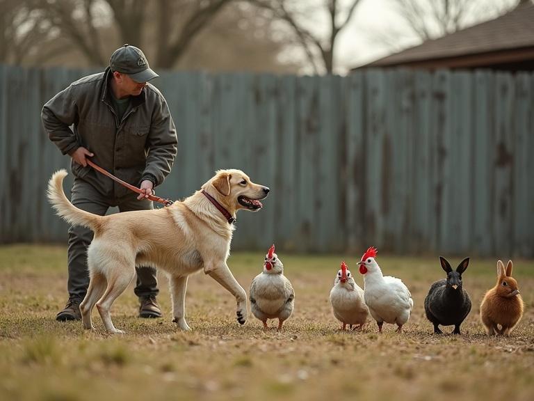A man walks with a dog in a field. The dog is leading a group of animals. Nearby are chickens and rabbits. The setting is calm and serene with a wooden fence in the background.