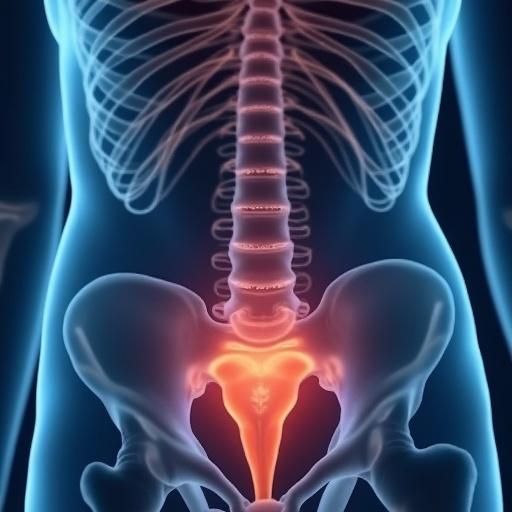Illustration of a female pelvis anatomy with focus on health screening. Features a soft glowing effect around pelvic area. Visual emphasis on spine and reproductive organs. Digital art style used to depict internal structure clearly.