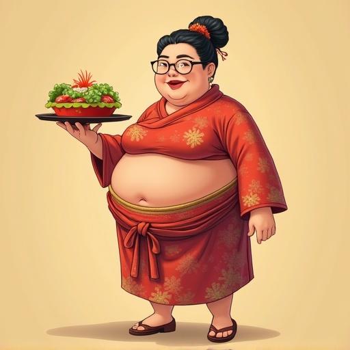 Cartoon character is a woman wearing a red kimono. She has a round body shape. She is smiling and holding a tray of colorful oriental food. The background is a light beige color. She showcases traditional dress and cultural pride.
