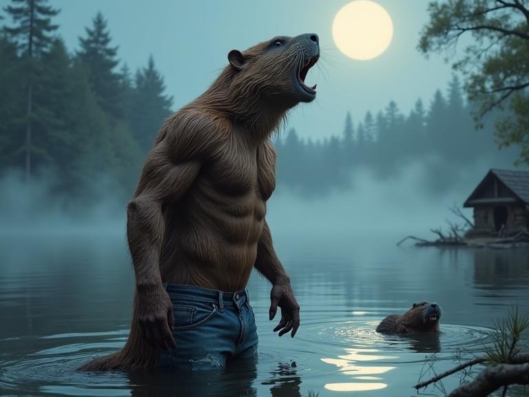 A humanoid beaver character with a muscular physique is howling at the full moon. The character has a furry body and is wearing tattered blue jeans. It stands in a serene lake with mist around. Nearby, a beaver swims, and a beaver lodge is visible in the foreground. The setting features a tranquil forest in the background. The atmosphere is playful and surreal with fantasy elements.