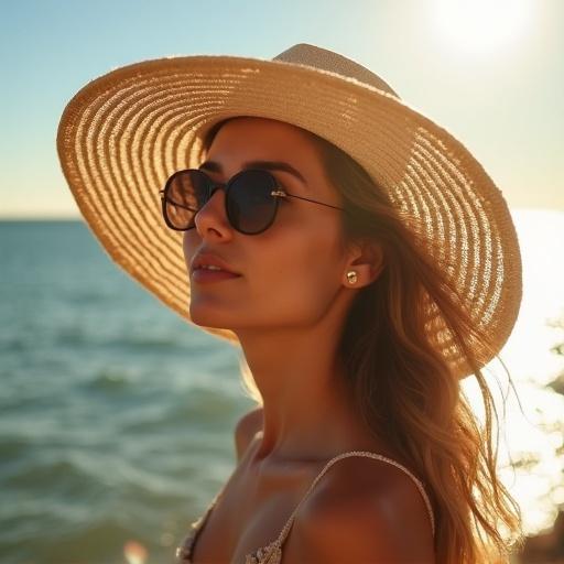 Woman enjoys sunshine on a beach. Appears relaxed and serene. Wearing a large sun hat and a swimming top. Ocean waves are visible in the background. A warm glow radiates from the sun overhead.