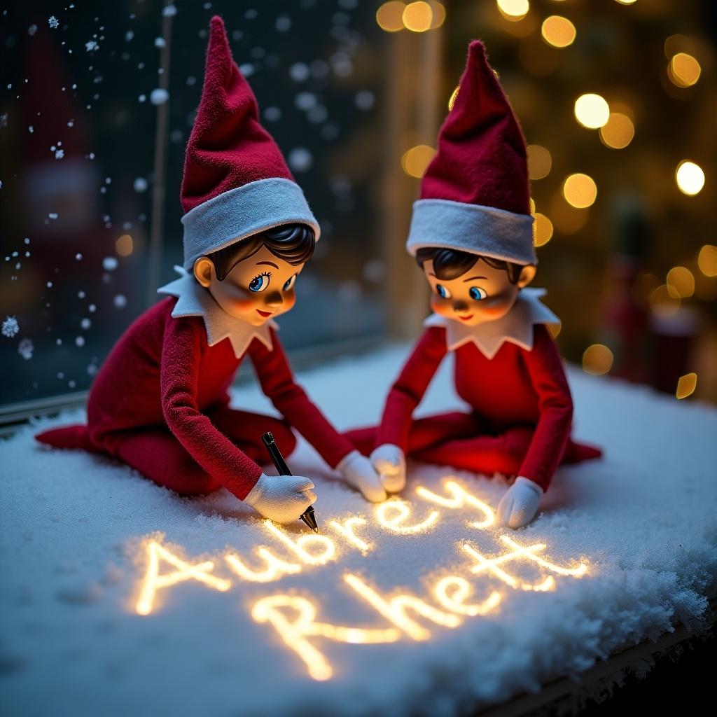 Dolls depicting elf characters in red outfits write names in snow using light effects. Scene evokes festive joy and creativity.