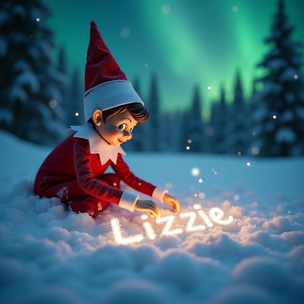 The image depicts a whimsical Christmas scene featuring an elf on the shelf. The elf is dressed in a traditional red and white outfit, engaged in writing the name 'Lizzie' in the sparkling snow. The name glows with a magical light, suggesting that it was created with special enchantment. Surrounding the scene are gently falling snowflakes and a picturesque winter landscape. In the background, the northern lights softly illuminate the snowy forest, adding to the festive atmosphere. This charming moment encapsulates the spirit of Christmas and the joy of childhood imagination.