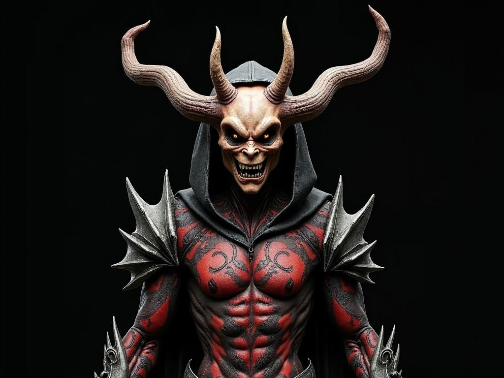 The image depicts a powerful demon figure, characterized by its imposing horns, menacing facial features, and intricate armor. The figure stands confidently against a black background, drawing the viewer's focus directly to its intense gaze. The skin has a pale tone contrasted by the vibrant red tattoo-like patterns adorning its muscular body. The dark hood and spiky armor enhance the sense of danger and fantasy surrounding the character. Overall, the composition blends horror and artistic fantasy, making it suitable for various media including games and comics.