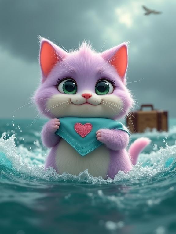 A fluffy anthropomorphic kitten with pastel pink fur swims through water. Kitten has lavender fur and a creamy white belly. Large green eyes and oversized head. Light blue bandana with pink heart around neck. Choppy ocean and stormy sky in background. Kitten gently carries a swaddled baby in mouth. Floating vintage suitcase nearby.