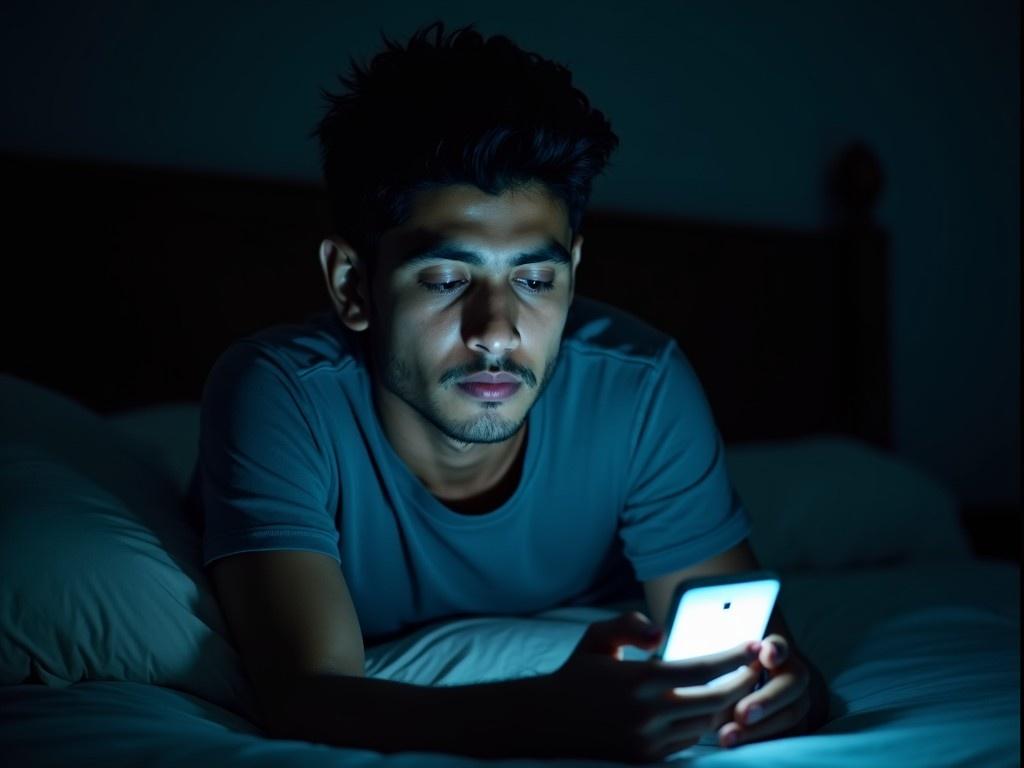 A 20-year-old young man is lying on his bed in a darkened room at night while using his mobile phone. The room is dimly lit, creating a tranquil environment. The soft glow from the phone screen illuminates his face, highlighting his focused expression. His short black hair and olive complexion are visible, as well as the casual t-shirt he is wearing. The bedding is simple, with a pillow nearby, enhancing the intimate feel of the scene. The overall color scheme features dark tones with a cool light contrasting against the shadows.