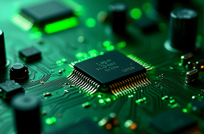 A microchip sits on a green electronic circuit board, with glowing green lights around.