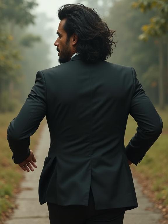 Photorealistic image of a modern day Brazilian man running in a dark suit. Man's back faces the camera while looking back, capturing a sense of adventure and mystery. Thick, wavy black hair adds character. Background is slightly blurred with an overcast ambiance.