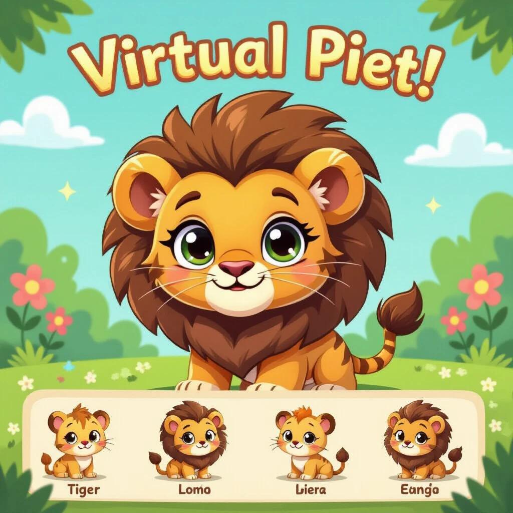 Create a cute lion character for a virtual pet game. The lion has expressive eyes and a fluffy mane. Show sections for smaller lion characters with their names. The background is bright and colorful.