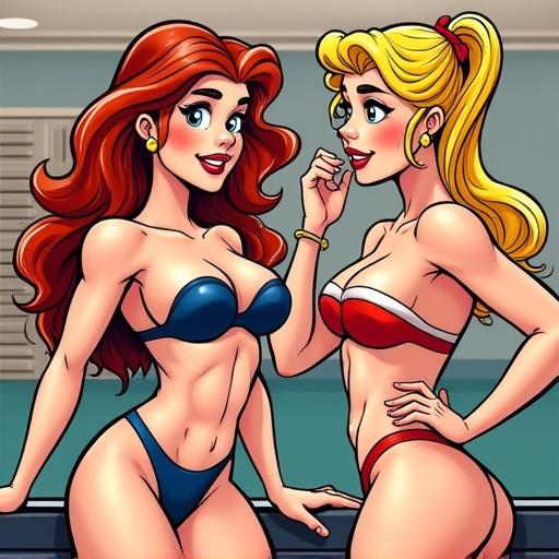 Illustration features two female characters inspired by Archie Comics. Characters are Betty and Veronica as bodybuilding champions. Bright colors enhance their athleticism and playful interaction. The setting is simple yet engaging.
