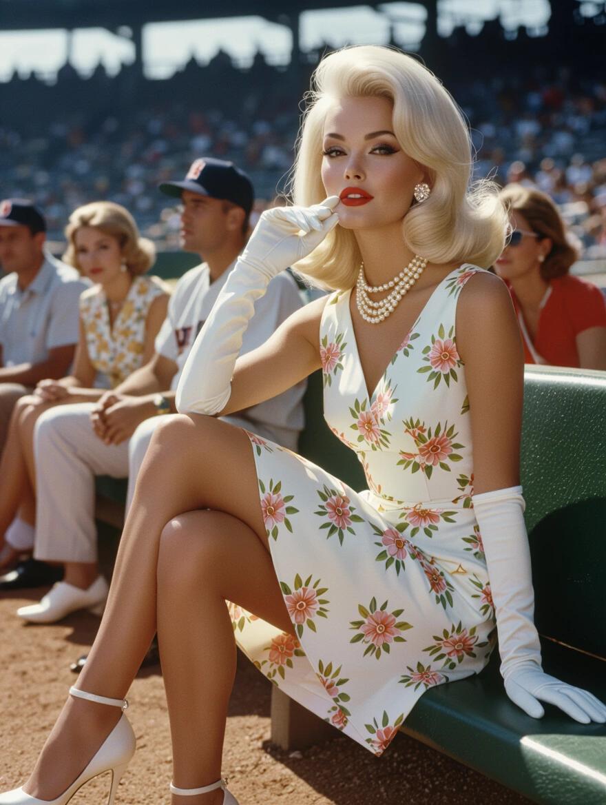 Portrait of a 1960s woman with platinum blonde hair. She wears a floral sundress and accessories like a pearl necklace and white gloves. She sits at a baseball game with crossed legs and high heels. The setting captures a vintage style reminiscent of Slim Aarons.