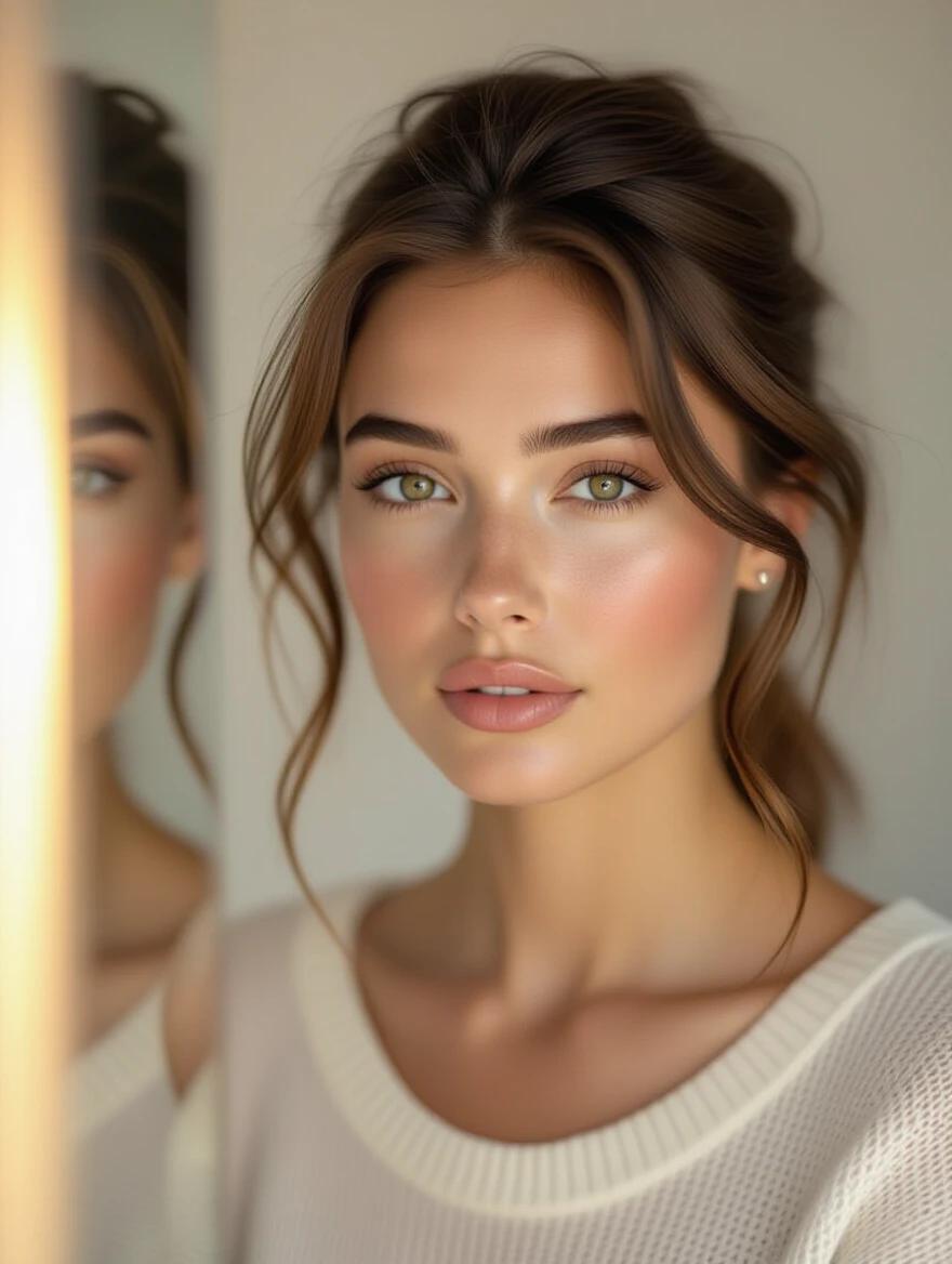 Close-up portrait of a thoughtful person looking in the mirror. Soft natural lighting creates an introspective expression. Warm golden hour lighting gives a beautiful glow. Image is photorealistic with cinematic depth of field. Natural skin tones highlight a contemplative mood. Image is high quality 4K.