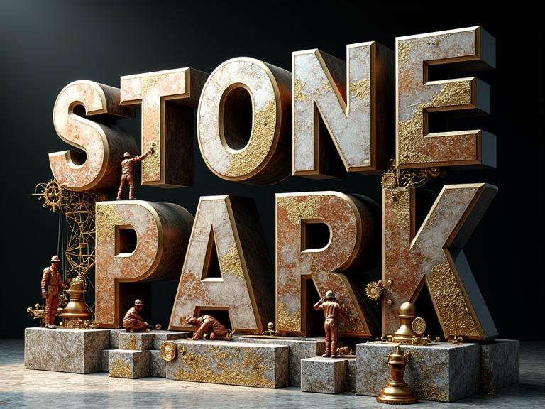 3D typographic artwork of 'STONEPARK' in steampunk style. Richly veined marble and polished granite text. Brass and copper inlays shine. Sculptures include compass dials and mechanical cranes. Tiny workers operate gears around the design. Background is a black fog with stone dust and particles. High detail and contrast.