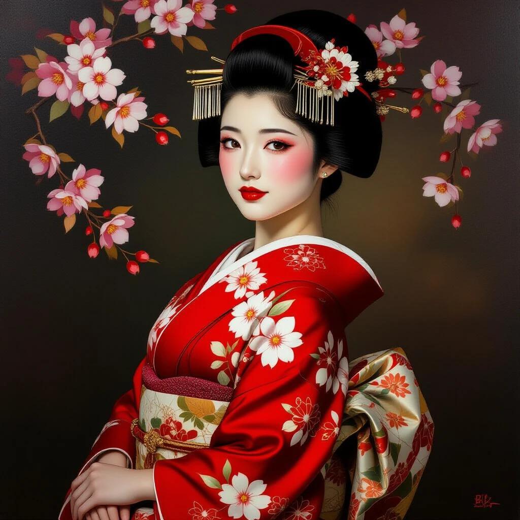 Oil painting of a female in traditional Japanese geisha outfit with red kimono featuring floral patterns. The girl has a passionate gaze, slight blush on cheeks, refined hairstyle with okobo accessory. Darkness in background enhances the subject, with warmth in lighting and detailed textures, creating a romantic scene.