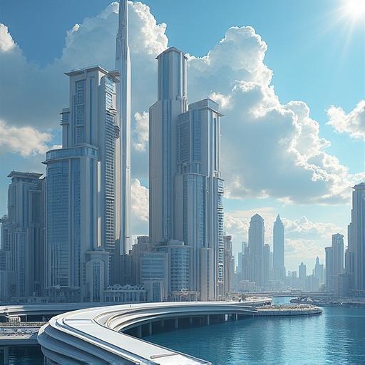 Futuristic city with blue-eyed wolf at the top. 3D text 'MIRAGE GENY' at the bottom. High resolution and realistic.