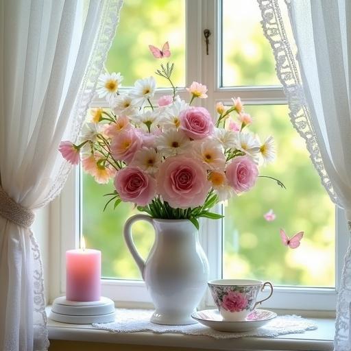 A pastel floral arrangement in a white vase. The arrangement is on a window sill. The window is open with sunlight. Butterflies are visible. White lace curtains frame the window. A candle is on a white stand beside the vase and a rose patterned cup is on the other side.