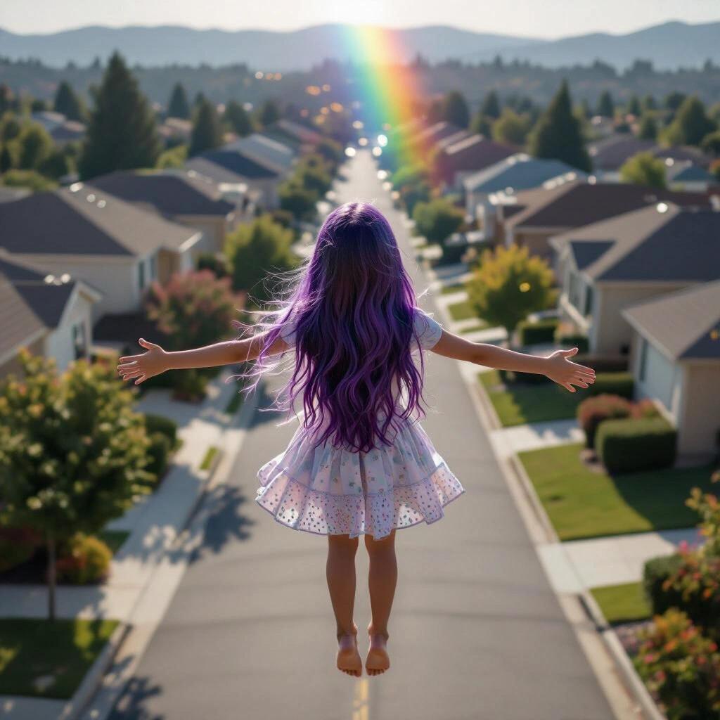 Young girl with long dyed purple hair viewed from behind. She floats in midair above a suburban neighborhood. Legs are dangling relaxed. Hands are outstretched with shining rainbow light.