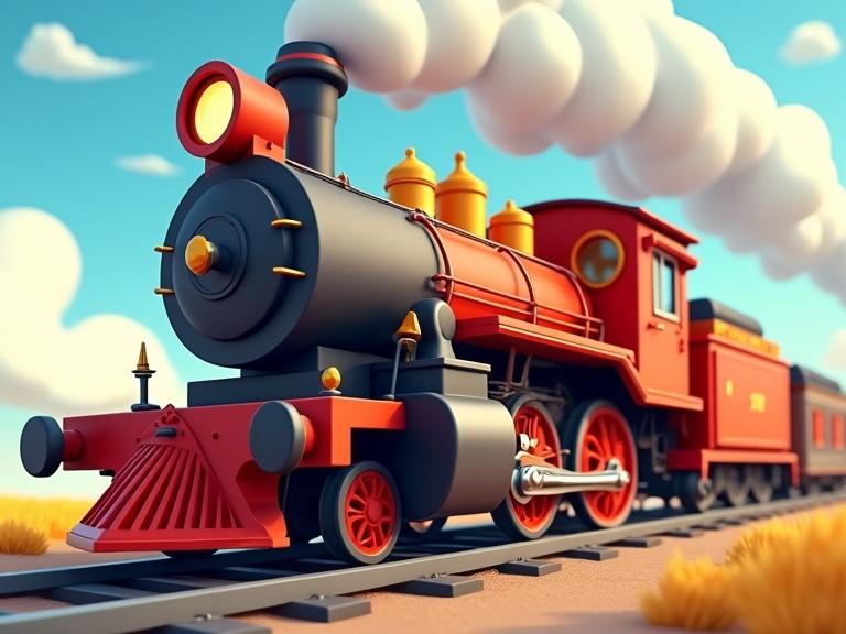 Animation featuring a colorful steam locomotive with spinning wheels in a joyful setting. Set against a backdrop of mountains and fields. Focus on the dynamic aspect of the train.