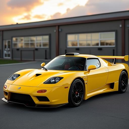 2000 Stratos Mirage car displayed outside with clear focus on exterior design features. Bright yellow color with sleek lines and unique details. Located in an open area with a modern backdrop.