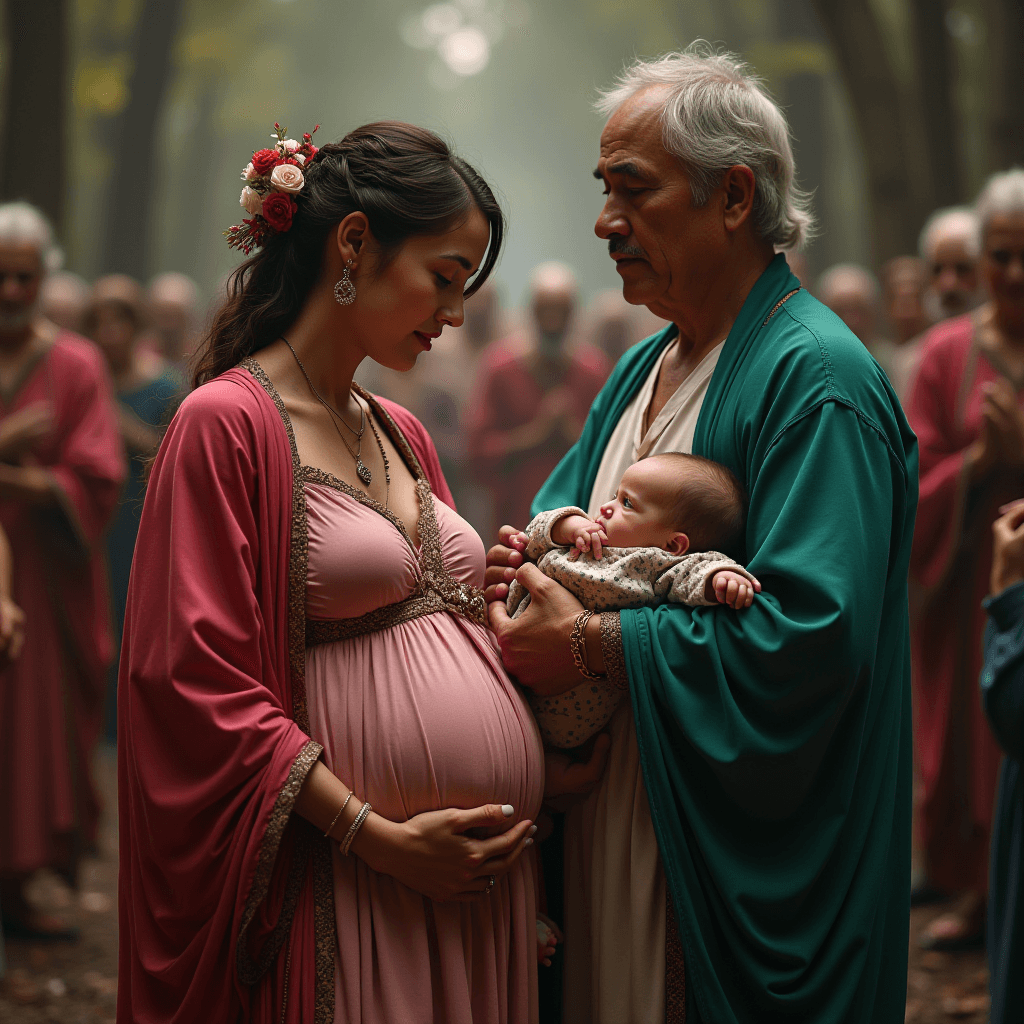 A serene gathering where a pregnant woman and an elder holding a baby share a moment.