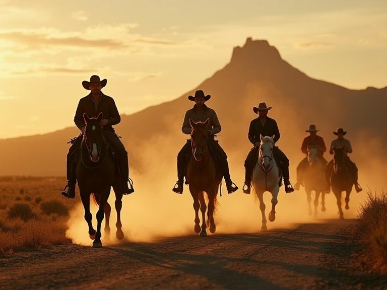 Image depicts a heroic group of cowboys riding confidently on horseback. Cowboy outfits are rugged and stylish. Riders are covered in dust from the road. Expression varies from serious to smirking. They traverse a dry terrain with minimal vegetation near a mountain. Cerro de la Silla looms in the background, sharply defined. Dramatic lighting comes from a golden sunset, casting long shadows. The sky showcases intense colors. The scene evokes cinematic tension with visual dialogue between the cowboys and their environment.