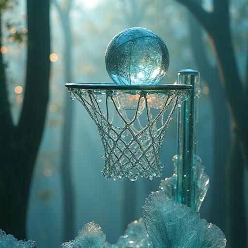 Basketball hoop made from translucent crystalline structures in a forest with glass trees. Dewdrop on the rim acts as a basketball. Emphasis on light refraction and glowing crystals. Icy blues and greens dominate. Magical serene environment without people.