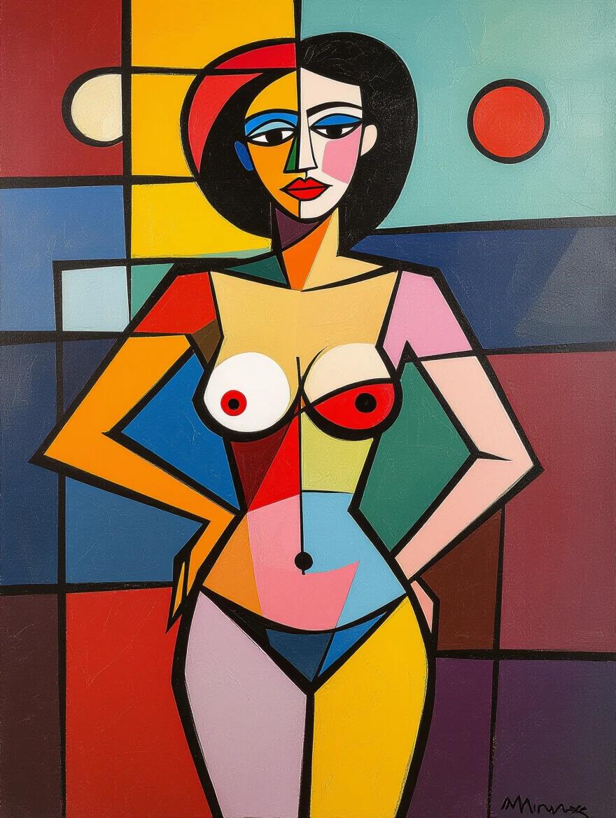 Nude figure in abstract style. Bold colors and geometric shapes dominate the canvas. The background features a quilt of erratic patterns. Created in the styles of Joam Miró and Maria Tsuhilkina.