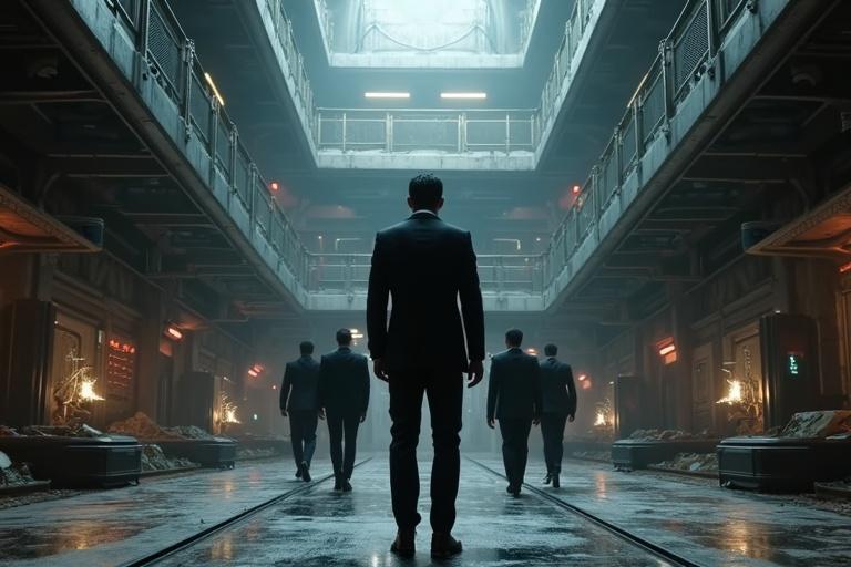 Ultra-realistic cinematic interior of a massive dimly lit spacecraft bridge. Grand architecture with elevated walkways metal railings and a central lower level floor. Foreground shows tall man with fair skin in a sleek black suit with polished shoes. Black hair neat posture commanding and composed. Powerful silhouette seen from behind. Below him four men walking in formation with heads lowered. Low lighting spotlights highlight coordinated movement suggesting military protocol. Environment high-tech but damaged with sparking wires and broken consoles. Over-the-shoulder angle wide depth of field showing lower level and walking figures. Composition in 16:9 widescreen.