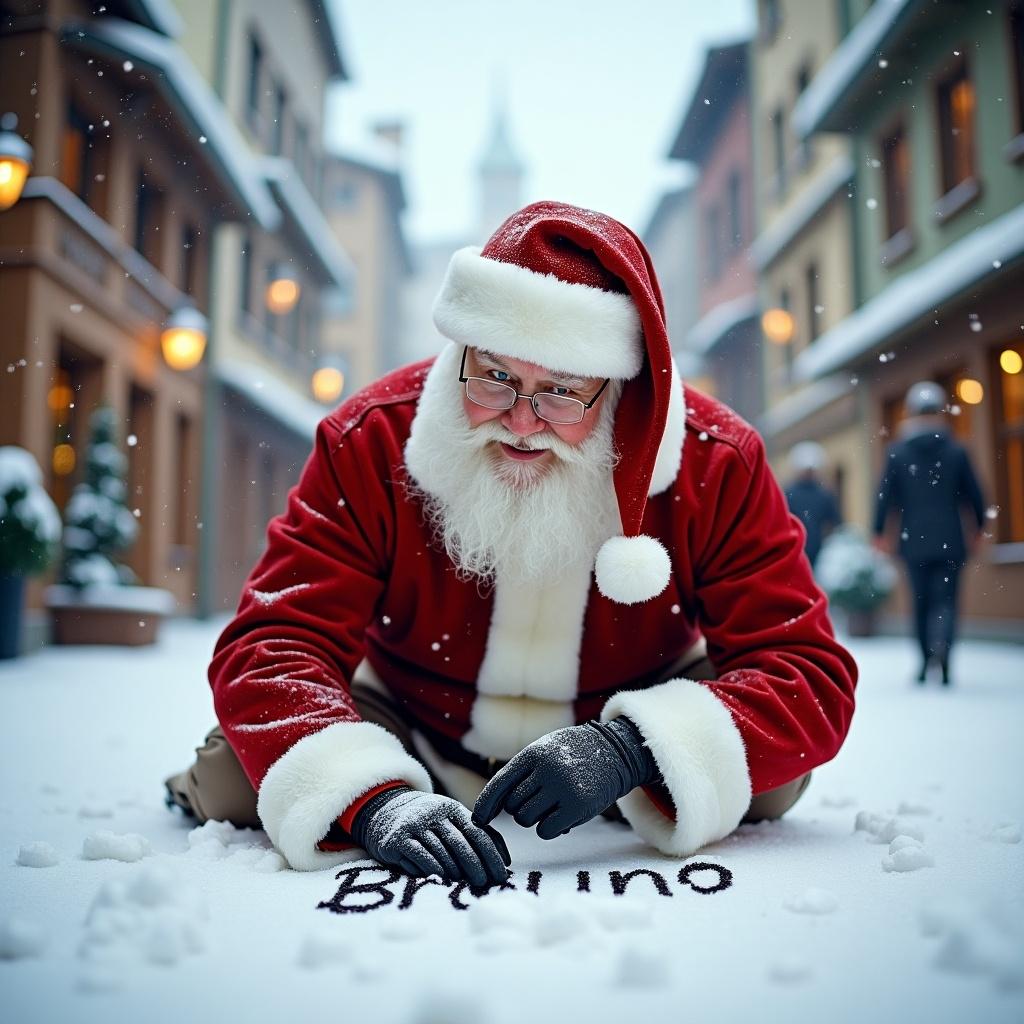 Santa Claus is writing name Bruno in the snow. He wears traditional red and white clothing. The street is snowy with charming buildings. The scene has soft winter light. It conveys a cheerful holiday atmosphere.