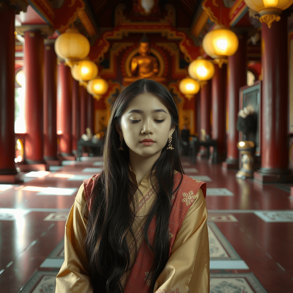 A young woman meditates peacefully in an ornate temple with red pillars and warm lighting.