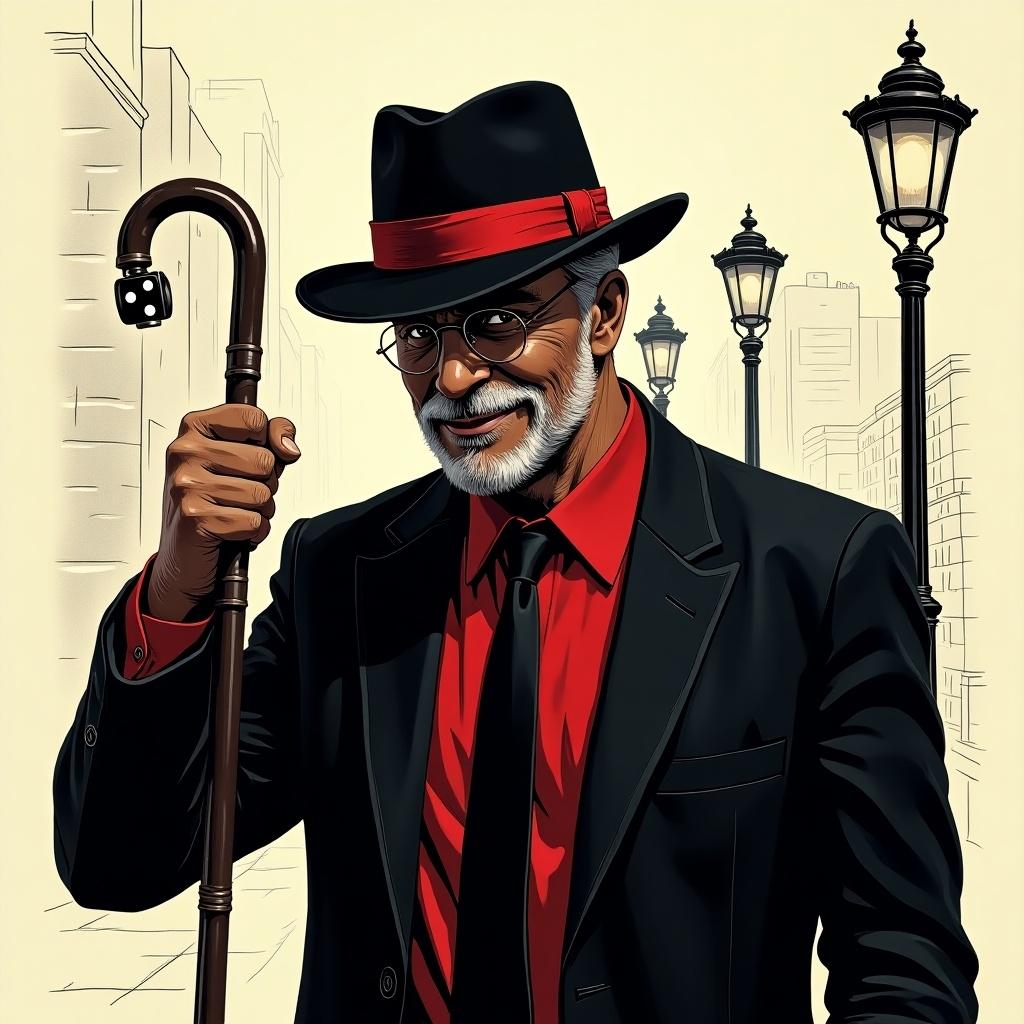 Middle-aged man stands in urban setting. He wears a black fedora with a red stripe. His clothes are an open black suit with a red shirt and a black tie. A cane with a dice handle rests in his hand. His expression hints at malice and trickery. Vintage lampposts are in the background. The style is sketchy and hand-drawn.