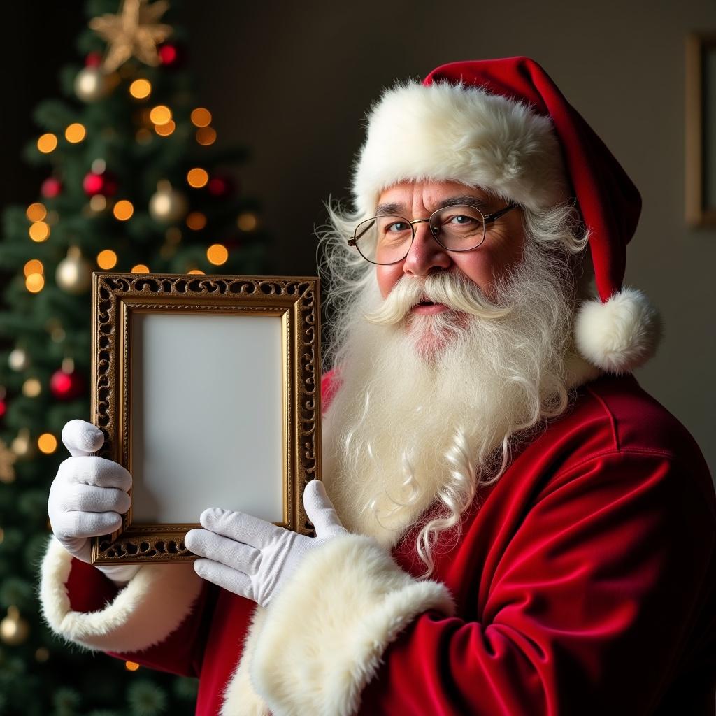 Santa Claus in a red suit. Holds a decorative picture frame. Background features a Christmas tree. Soft lighting creates a warm ambiance.