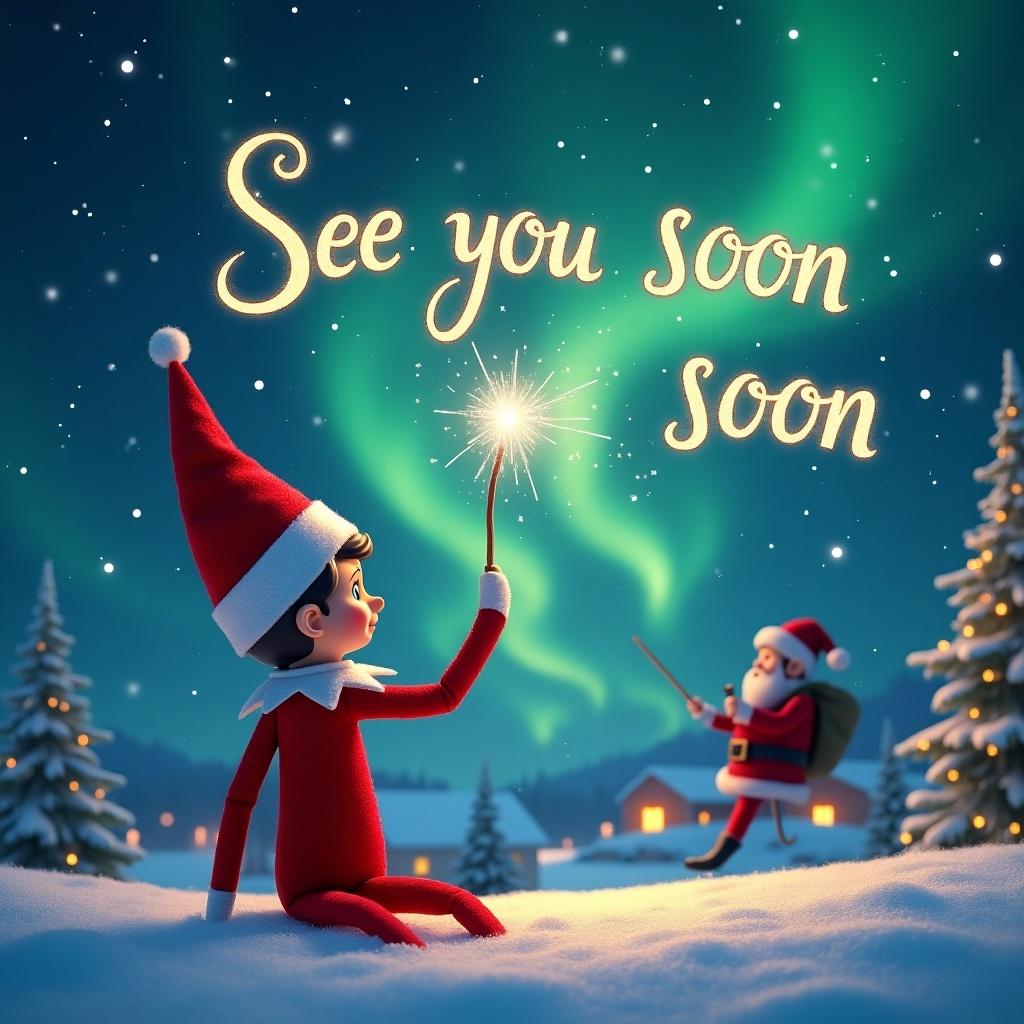 Elf on the shelf facing the sky. Elf uses a wand to write in the air. Magical Christmas scene with northern lights and Santa. Elegant text in the sky reads 'See you soon'.