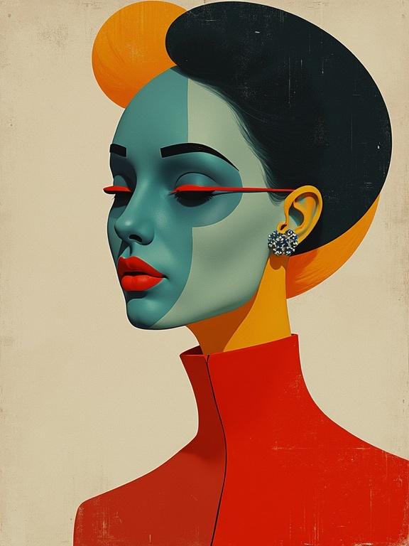 Stylized figure with an abstract head and bold colors. Minimalist art style showcasing fashion elements. Incorporates surreal aspects reminiscent of Pedro Almodovar's artwork.