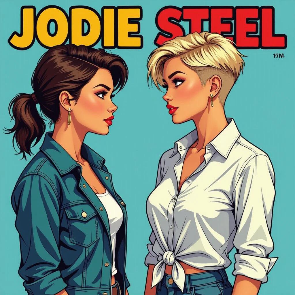 Comic-style illustration of two confident young women. Jodie Steel stands face-to-face with a similar-looking girl. Jodie has bright blue eyes and tousled crew cut hair, wearing an unbuttoned knotted white shirt. The other girl has long hair blowing in the wind, wearing an off-the-shoulder top. Both wear ripped denim shorts and black boots.