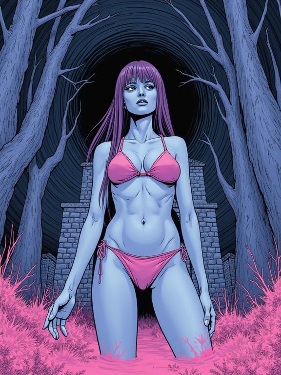 Limited-palette image features a young woman in a bikini in front of a dilapidated church. Background shows a swirling vortex of dying trees. The art has an unsettling and grotesque tone. Styled in Junji Ito pencils and Hirohiko Araki inks.