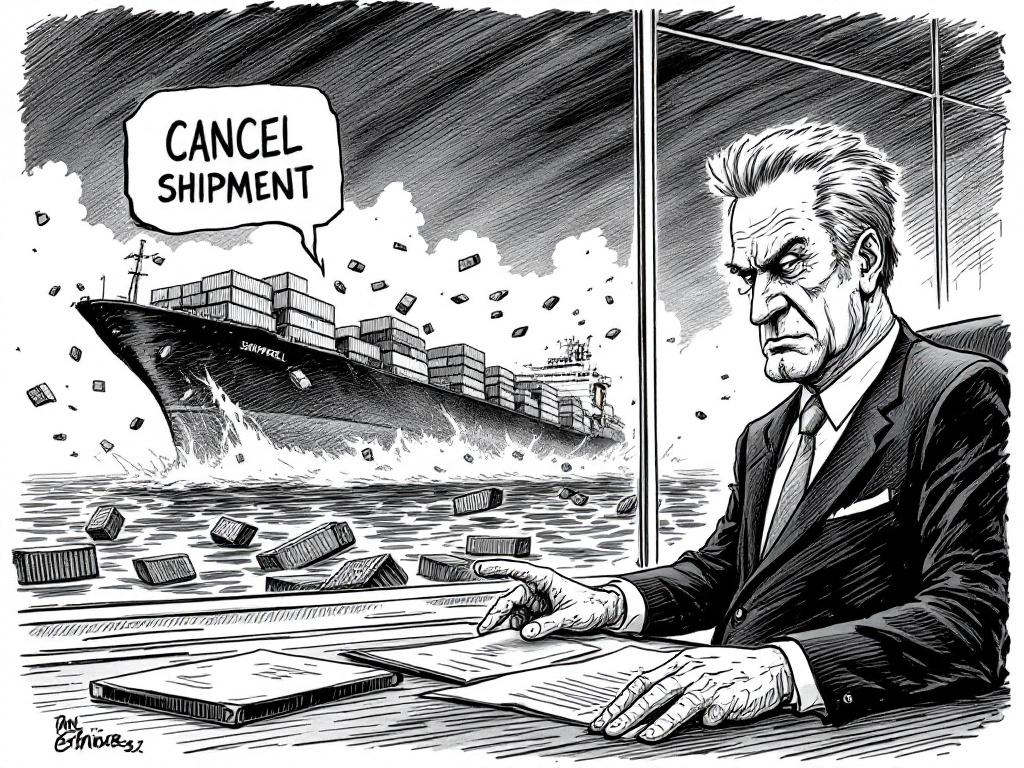 Hand-drawn political cartoon in bold black and white. Features a stern middle-aged man in a suit at a desk. He presses a 'CANCEL SHIPMENT' button. A sinking cargo ship with falling containers is visible in the background. Strong linework and cross-hatching create texture. Large window frame emphasizes perspective and absurdity.