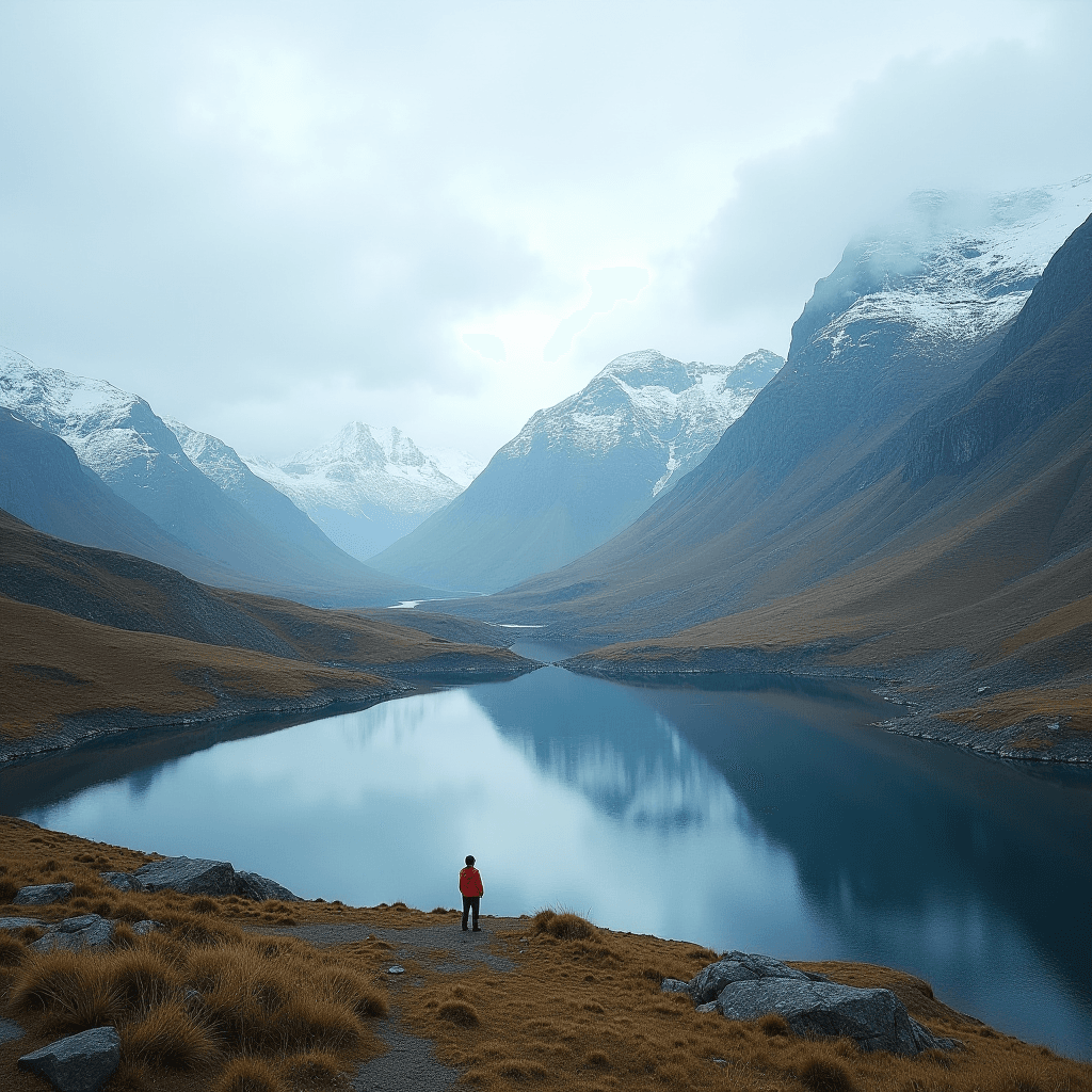 A person in a red jacket stands on a grassy hill overlooking a tranquil lake surrounded by majestic snow-capped mountains under a cloudy sky.