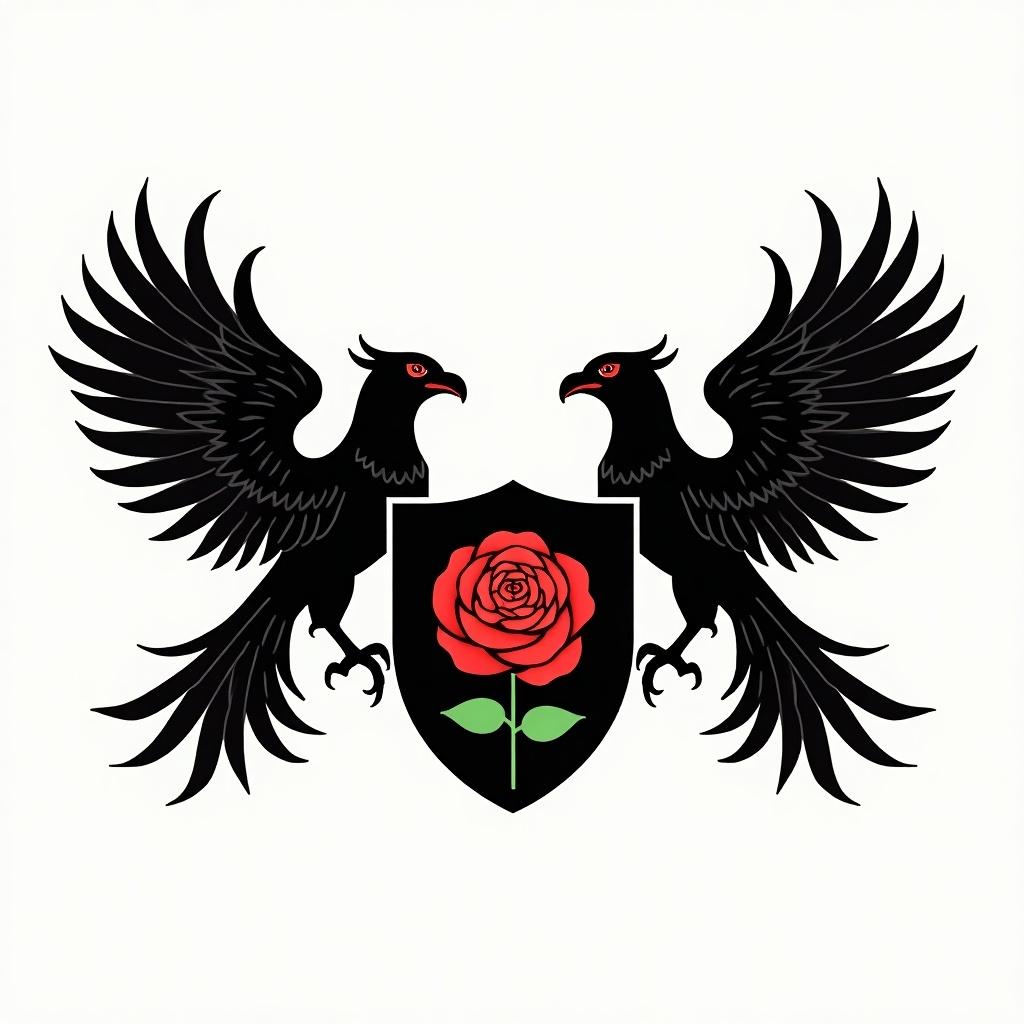 Iconic coat of arms features two hawks flanking a central shield. The shield displays a vivid red rose with green leaves. Artistic depiction emphasizes bold black lines and contrasting colors.