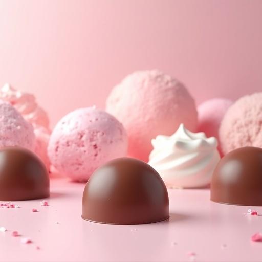 Spacious location features soft flat ground. Background with large chocolates, marshmallows, and ice creams. Bottom 10 percent shows the ground. Shot from ground level in high resolution. Gorgeous view.