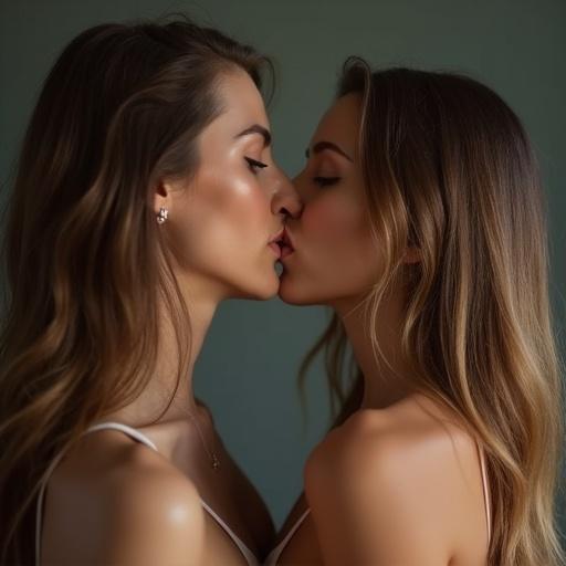 Two women are close together sharing an intimate moment. They are lovingly engaging in a kiss. Warm and soft tones enhance the mood of the image. Their closeness emphasizes affection.