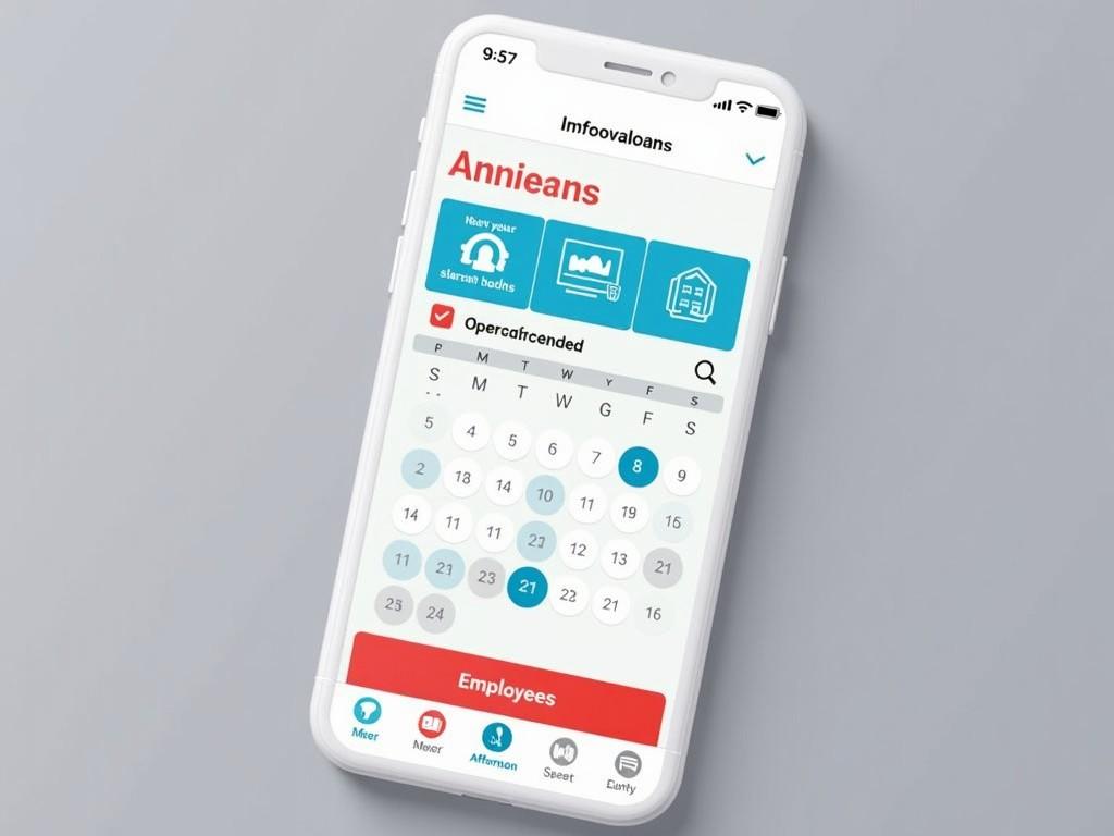 This image shows a smartphone displaying a mobile application called 'Annieans'. The app appears to offer features related to loans or financial management. A calendar interface is visible, suggesting a date selection feature. There are options for employees and operational features. The overall design is user-friendly, with clear icons and a modern layout. This image exemplifies contemporary mobile app design, aiming for efficiency and accessibility.